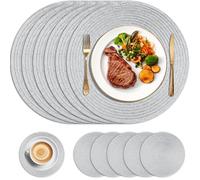 HEYOMART Round Placemats and Coasters Set of 6, Christmas Table Mats Glitter Bling Heat Resistant, 34cm Silver Braided Woven Place Mats Washable for Kitchen Dining Table, Party, Wedding