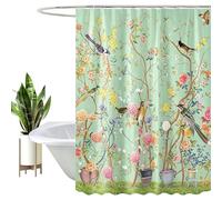 HEYOMART Shower Curtain Heavy Duty Polyester Fabric Waterproof Shower Curtain Liner, 3D Digital Painting Pattern for Shower Stall, Bathroom Curtains with 12 PCS Hooks (180x180cm, Green Bird Floral)