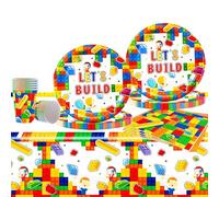 HEYOWUJ Building Block Party Tableware Set 61Pcs, Party Dinnerware Set for Kid's Birthday, Includes Plates, Cups, Napkins, Table Cloth, Multicolor Building Block Theme