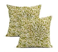 Heyqqo Set of 2 Cushion Covers Linen Green Pale William Morris Willow Floral Leaves Pillowcases Square Soft Home Decor Design Throw Pillow Cases Sofa Bedroom 18x18 Inch