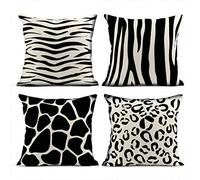 Heyqqo Set of 4 Cushion Covers Linen Assorted Animal Print Tiger Giraffe Zebra Pillowcases Square Soft Home Decor Design Throw Pillow Cases Sofa Bedroom 18x18 Inch