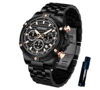 Heyssen Chronograph Watches for Men Stainless Steel Band Sport Luminou Dial Chronograph Waterproof Watch with Timer & Birthday Gifts for Men, Black