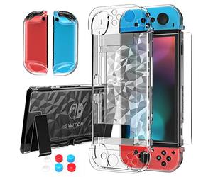 HEYSTOP Case Compatible with Nintendo Switch Dockable Clear Protective Case Cover Compatible with Nintendo Switch and Controller with a Switch Tempered Glass Screen Protector and Thumb Stick Caps