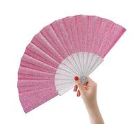 HeyToo Glitter Women Handheld Fan with Shining Transparent Fan Rib for Wedding,Church,Festival,Dance,Party Prom,Club,EDM Accessory Pink