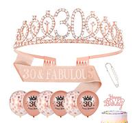 Heyu-Lotus 30th Birthday Sash and Tiara Rose Gold 30 & Fabulous Sash Rhinestone Crown Balloons Birthday Cake Topper for Women 30th Birthday Gift Party Decorations Supplies
