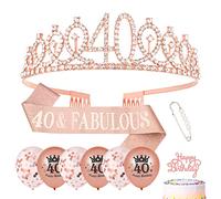 Heyu-Lotus 40th Birthday Sash and Tiara 40th Birthday Gifts for Women Rose Gold 40 & Fabulous Sash Rhinestone Crown Birthday Cake Topper Balloons for Women Birthday Party Decorations Supplies