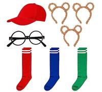 Heyu-Lotus 8 Pcs Chipmunks Costumes Set Include 3 Pcs Chipmunk Ears Headband,3 Pairs Soccer Socks,1 Piece Black Round Frame Glasses and 1 Red Cap for Adults Teens World Book Day Party