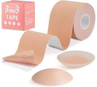 Heyumybit Boob Tape,Self-Adhesive Strapless Boobtapes with 2 Pcs Reusable Silicone Nipple Covers,5m*5cm Stretchable Longer Bob Tape for Exercise,Sports,Chest Supports(Beige)
