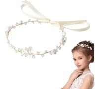 Heyumybit Flower Girl Hair Headpiece Headband,White Pearl Flower Headband,Princess Girl Wedding Hair Accessory,Band for Girls Birthday Party Wedding Party
