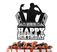 HEYUWING White Glitter Sound DJ Happy Birthday Cake Topper Cheer to Rock and Roll Music Theme Decor Supplies Men Women Boys Girls Birthday Party Decorations