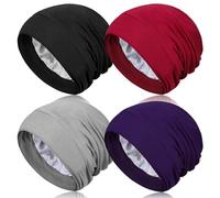 Heywhose 4 Pieces Satin Lined Sleep Bonnet - Adjustable Sleeping Cap Slouchy Beanie Hat for Curly Hair, Group 1, One size