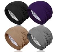 Heywhose 4 Pieces Satin Lined Sleep Bonnet - Adjustable Sleeping Cap Slouchy Beanie Hat for Curly Hair, Black+navy+grey+khaki, One size