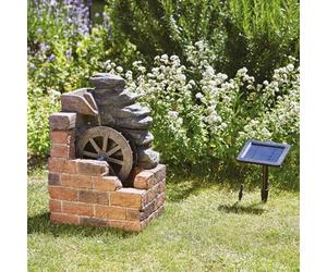Heywood Watermill Solar Powered Fountain - Brick Effect Polyresin Outdoor Garden Cascading Water Feature for Patio, Decking, Balcony, Lawn, Yard - Measures H50 x W33 x D25cm