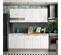 Heze Furniture Tiffany Premium Compact Kitchen Cabinets Set With Worktops - White Gloss - 6 Units - 200Cm