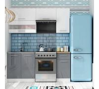 Heze Furniture Tiffany Premium Compact Kitchen Cabinets Set With Worktops - White / Grey Gloss - 5 Units - 180Cm