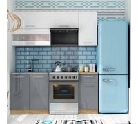 Heze Furniture Tiffany Premium Compact Kitchen Cabinets Set With Worktops - White / Grey Gloss - 5 Units - 180Cm