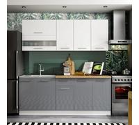 Heze Furniture Tiffany Premium Compact Kitchen Cabinets Set With Worktops - White / Grey Gloss - 6 Units - 200Cm