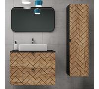 Heze Furniture Trend Herringbone Pattern Door Bathroom Cabines Vanity Units Set With Worktop 80Cm & 35Cm - Gold Craft Oak & Black