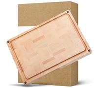 HEZHEN Cutting Board, End Wood Grain Chopper Board, Built-in Juice Grooves& Handle, Beechwood Serving Board Serving Tray