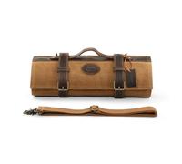 HEZHEN Knife Roll Bag Waxed Canvas, Heavy Duty Portable Backpack Knife Case, 12 Slots & 2 Zipper Pockets, Detachable Adjustable Leather Shoulder Strap -Yellowish Brown（Without Knives）