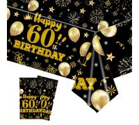 HFBOBP 2 Pack 60th Birthday Tablecloths,54 x 108 inch Disposable Black and Gold Plastic Waterproof Rectangular Table Covers for Men’s Christmas Party Decorations