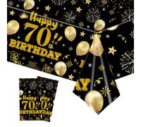 HFBOBP 2 Pack 70th Birthday Tablecloths,54 x 108 inch Disposable Black and Gold Plastic Waterproof Rectangular Table Covers for Men’s Christmas Party Decorations