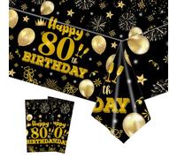HFBOBP 2 Pack 80th Birthday Tablecloths,54 x 108 inch Disposable Black and Gold Plastic Waterproof Rectangular Table Covers for Men’s Christmas Party Decorations