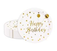 HFBOBP 50 PCS Happy Birthday Party Paper Plates,7inch White and Gold Dessert Plates Party Tableware Supplies for Boys and Girls Birthday Party Decoration