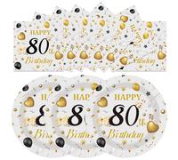 HFBOBP 50PCS 80th Birthday Plates and Napkins, 7 Inch Premium Grey and Gold Happy Birthday Paper Dessert Cake Plates and Napkins with Forks Disposable Tableware Set Party Decorations for Women Men