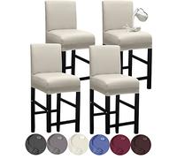 HFCNMY Bar Stool Covers,4 Pack Stretch Waterproof PU Bar Stool Covers with Backs Bar Stool Chair Covers Barstool Covers Slipcovers with Back Pub Counter Stool Chair Covers with Elastic Bands Beige