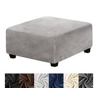 HFCNMY Stretch Velvet Ottoman Cover - Thick Washable Square Slipcover With Elastic Bottom for Storage Footstool in Living Room, Light Gray, Medium