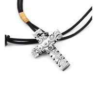 HFD_008 Men's handmade Damascus steel Cross Pendant Necklace with pure leather chain handmade file work all over the locket, Cross Necklace Men,