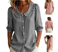 HFDHD Women's Retro Peter Pan Collar Striped Cotton Linen Shirt,3/4 Sleeve Button Down Blouse,Lightweight Breathable Tunic Top (Black,XXL)