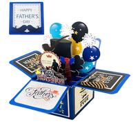 HFFJJLTU Father's Day Greeting Card, Pop Up Card Super Dad, Pop Up Father's Day Card, Best Wishes Father's Day Card, Gifts For The World's Best Dad Blue Father's Day Pop Up 3D Box, 18 * 18 Cm