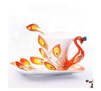 HFGDRH Vintage Ceramic Coffee Mugs, Creative 3D Hand Crafted Porcelain Enamel Peacock Coffee Cup Set with Saucer and Spoon Present Ceramic Tea Water Cup Dish Gift(175ml,Orange)