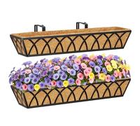 HFHOME 2Pcs 76.2cm/30in Wall Trough Rail Planters, Large Hanging Flower Baskets with Coco Liner and Adjustable Brackets, Metal Railing Planter Box for Window Box Porch Balcony Fences