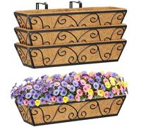 HFHOME Set of 4 60.9cm/24in Wall Trough Rail Planters, Metal Butterfly Planter Box with Coco Liner, Long Flowerpot for Railing Window Box Porch Balcony & Outdoor Fences