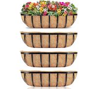 HFHOME Set of 4 Wall Trough Planter, 60.9cm/24in Outdoor Metal Window Box with Coco Liner, Rust-Resistant Floating Planters for Fence Railing & Balcony