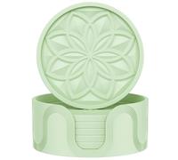 HFHOME Silicone Coasters Set for Drinks - 6 Pack With Holder, Table Cup Mat for Coffee Table, Desk, Bar - Tabletop Protection Gift - Nyanza Green