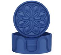 HFHOME Silicone Coasters Set With Holder - 6 Pack for Drinks, Coffee Table, Cup Mat, Desk, Bar - Tabletop Protection Gift - Navy Blue