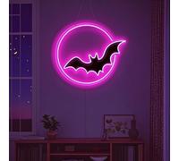 HFHungkeong Bat and Moon Neon Light Signs LED Halloween Decorations 5V USB Powered Dimmable Acrylic Halloween Light up Signs Wall Art Lamp for Bedroom Bar Office Dorm(Pink)