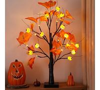 HFHungkeong Halloween Decor 23.6Inch Artificial Tree Lamp with 24LED Pumpkin Light USB or Battery Powered Birches Tree Table Lights Decor for Indoor Home Fireplace Holiday Fall Party Decor