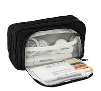 HFHungkeong High Capacity Pencil Case, Front Window Stationery Box Multi-Function Pencil Case, Three-Layer Storage Bag Cosmetic Bag Portable Storage(Black)