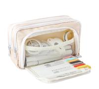 HFHungkeong High Capacity Pencil Case, Front Window Stationery Box Multi-Function Pencil Case, Three-Layer Storage Bag Cosmetic Bag Portable Storage(Beige)