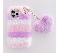 HFICY Girly Faux Fur Fluffy Plush Case with 2 Pack Glass Screen Protectors, Bling Love heart Tassel Soft Women Phone Case (For NOKIA C12,Purple)