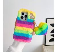 HFICY Girly Faux Fur Fluffy Plush Case with 2 Pack Glass Screen Protectors, Bling Love heart Tassel Soft Women Phone Case (Rainbow,For Moto E20/E30/E40)