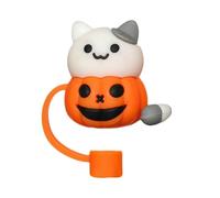 HFLWYWD Halloween Straw Cover Cap for Stanley Cup, Silicone Skull Ghost Straw Topper for 10mm/0.4in Dia Straw,Dust-Proof Reusable Straw Tips Lids for 30&40oz Tumbler with Handle (Orange Pumpkin Cat)