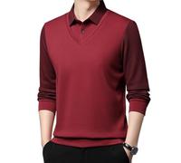 HFMLU Men's Lapel Faux Two-Piece Warm Top,Fake Two Piece Sweater Lapel Casual Men's Top,Striped Long Sleeve Polo Shirts (Red,M)
