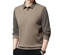 HFMLU Men's Lapel Faux Two-Piece Warm Top,Fake Two Piece Sweater Lapel Casual Men's Top,Striped Long Sleeve Polo Shirts (Khaki,M)
