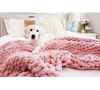 Hfnnhl Luxury Chenille Chunky Knitted Blanket Throw, Handmade Knitting Soft Fluffy Blanket for Sofa Couch Bed Home Decor (Color : Pink, Size : 100x200cm)